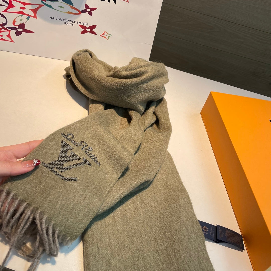 LV Men's Scarf 180cm Olive Green Wool Cashmere 978828