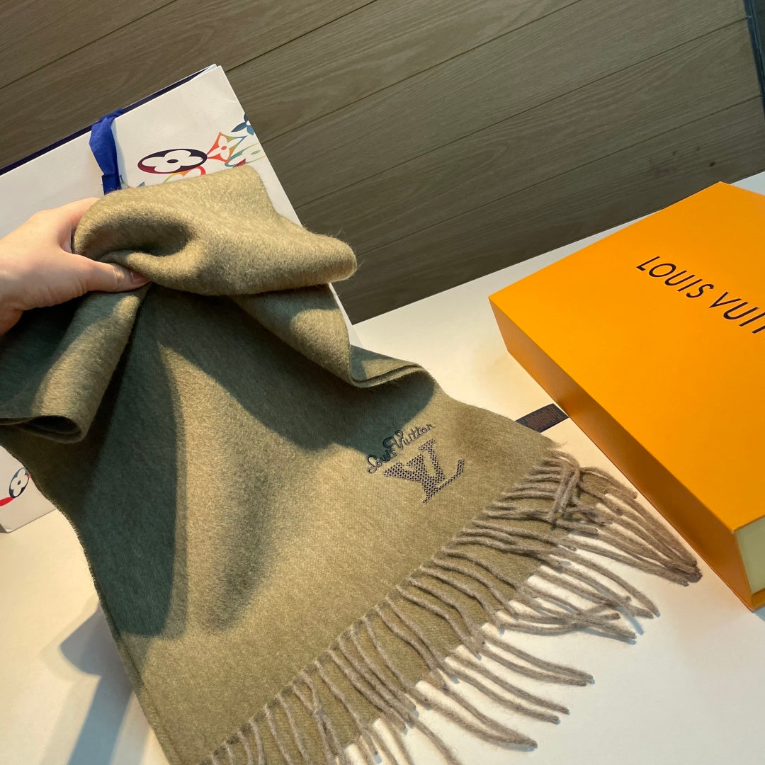 LV Men's Scarf 180cm Olive Green Wool Cashmere 978828