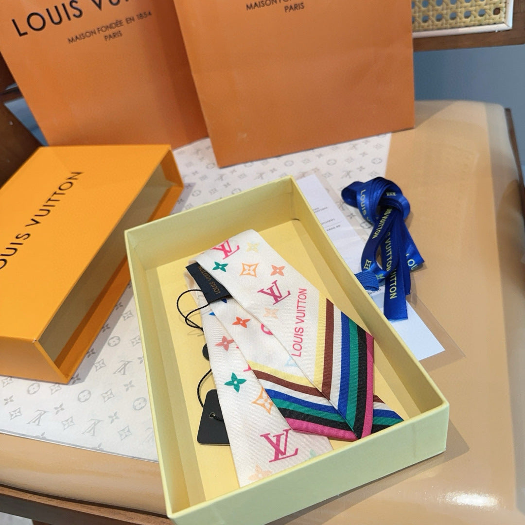 LV Twilly Scarf 120cm White Colorful Silk 965662
