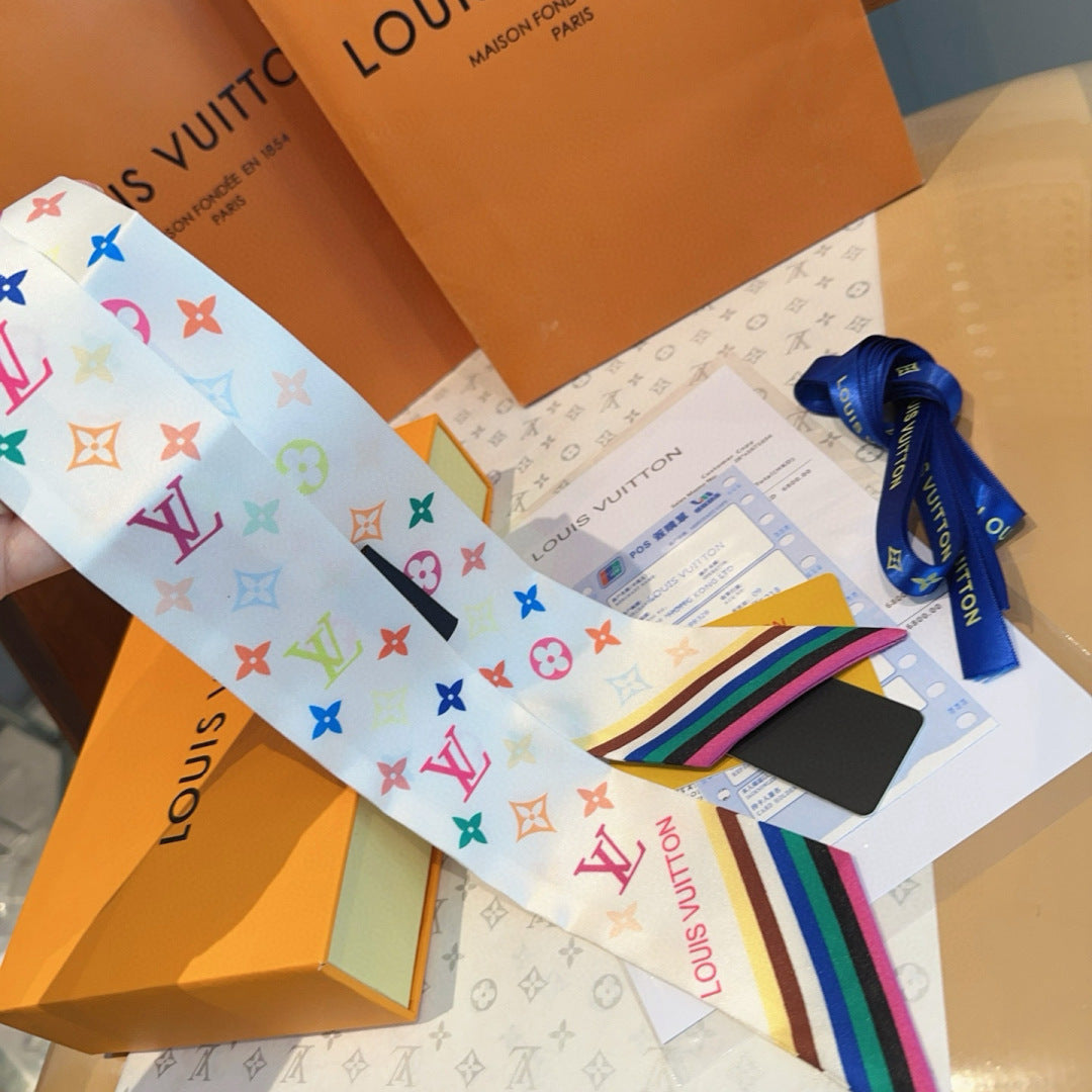 LV Twilly Scarf 120cm White Colorful Silk 965662