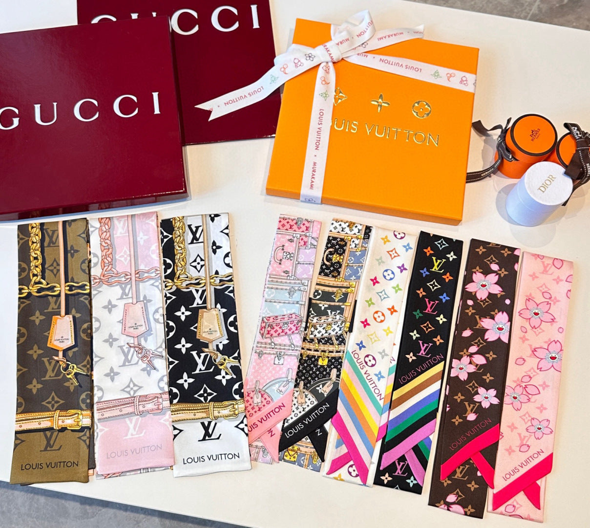 LV Twilly Scarf 120cm White Colorful Silk 965662