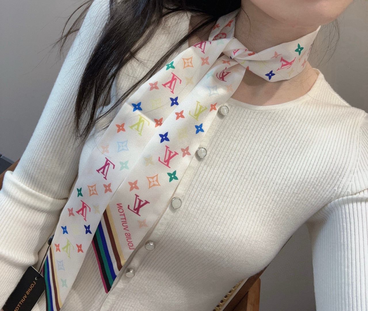 LV Twilly Scarf 120cm White Colorful Silk 965662