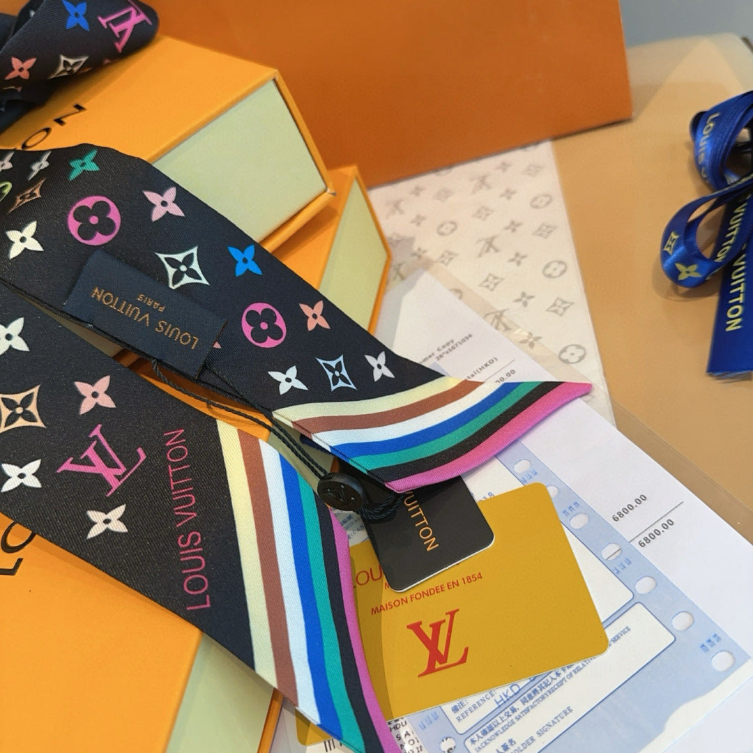 LV Twilly Scarf 120cm Black Colorful Silk 965663