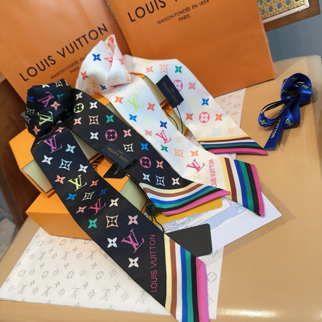 LV Twilly Scarf 120cm Black Colorful Silk 965663