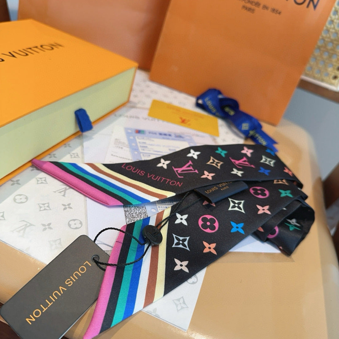 LV Twilly Scarf 120cm Black Colorful Silk 965663