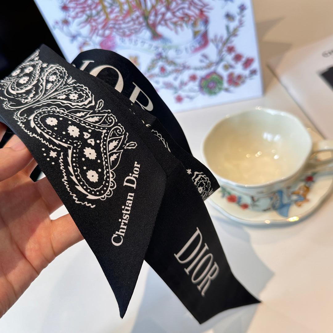 CD Twilly Mini Scarf 105cm Black White Mulberry Silk 968856