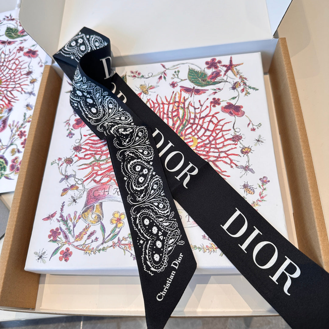 CD Twilly Mini Scarf 105cm Black White Mulberry Silk 968856