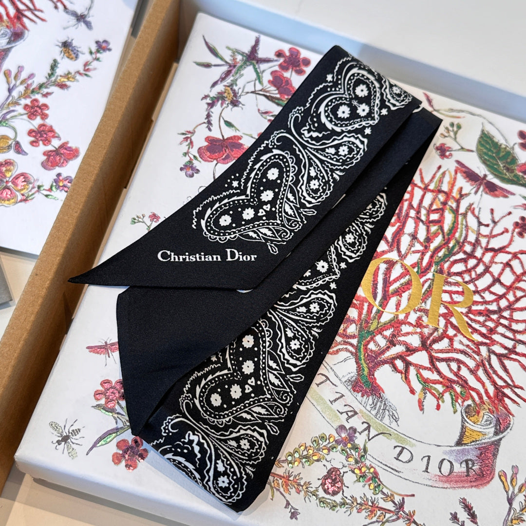 CD Twilly Mini Scarf 105cm Black White Mulberry Silk 968856