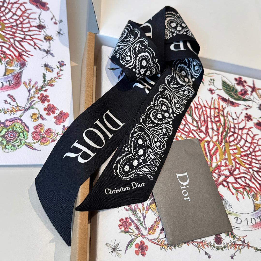 CD Twilly Mini Scarf 105cm Black White Mulberry Silk 968856