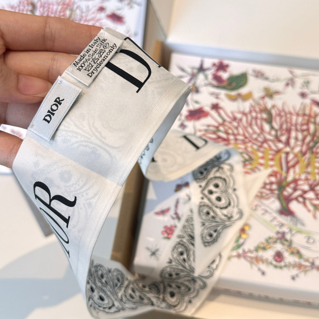 CD Twilly Mini Scarf 105cm White Black Mulberry Silk 968857