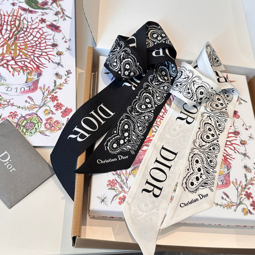 CD Twilly Mini Scarf 105cm White Black Mulberry Silk 968857