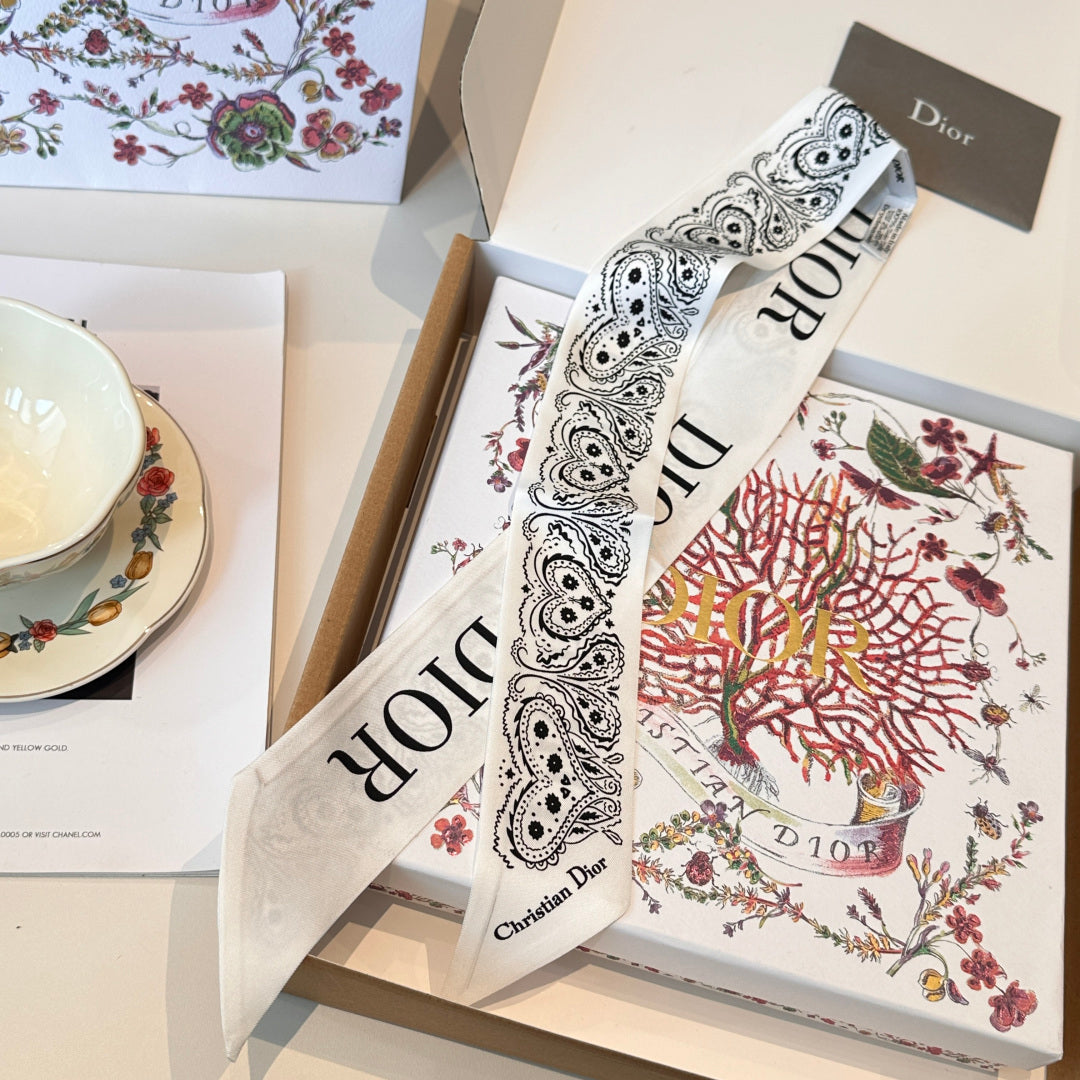 CD Twilly Mini Scarf 105cm White Black Mulberry Silk 968857