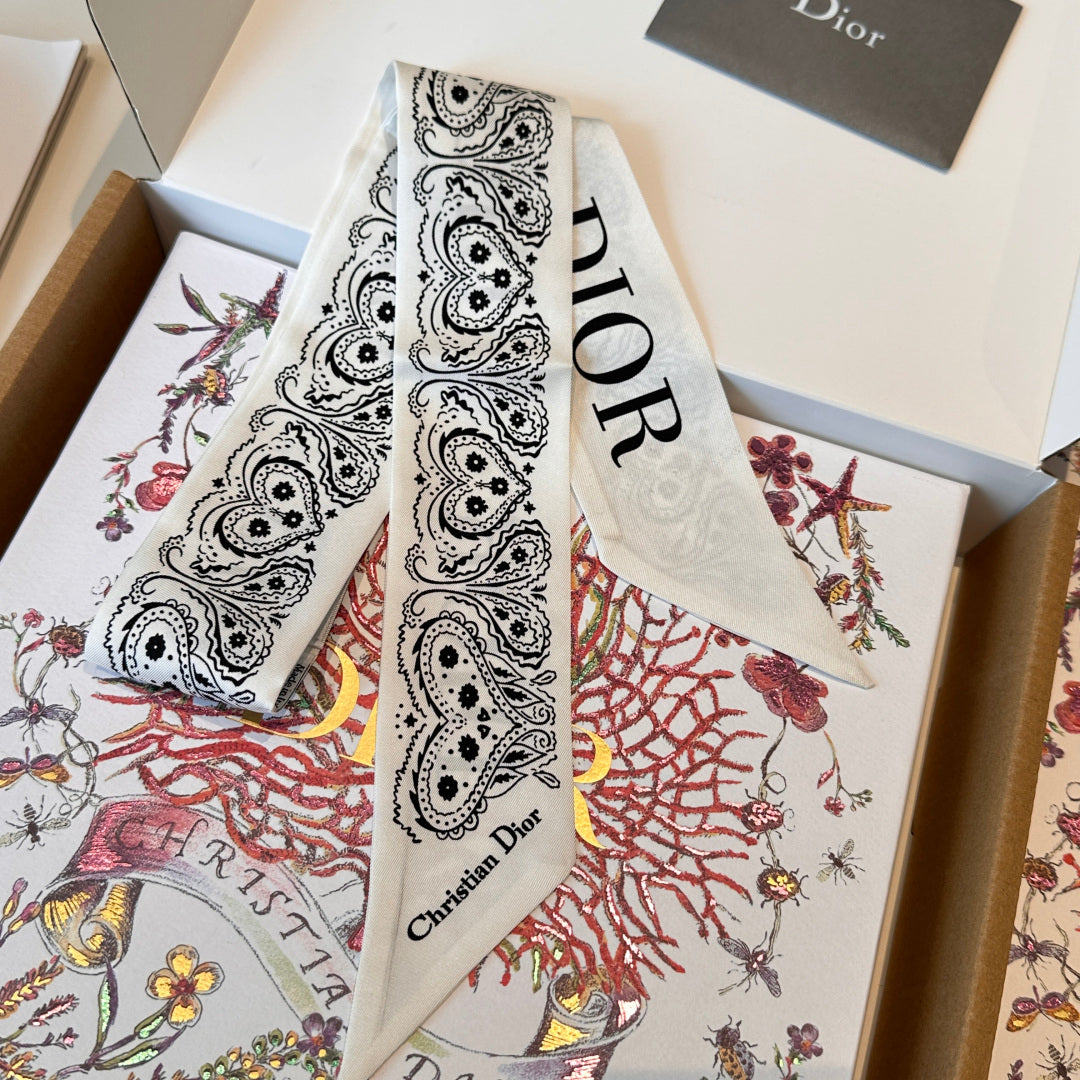 CD Twilly Mini Scarf 105cm White Black Mulberry Silk 968857