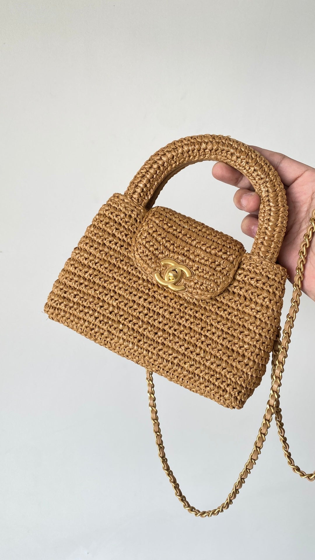 Chanel 25 Bag 19cm Dark Beige Raffia