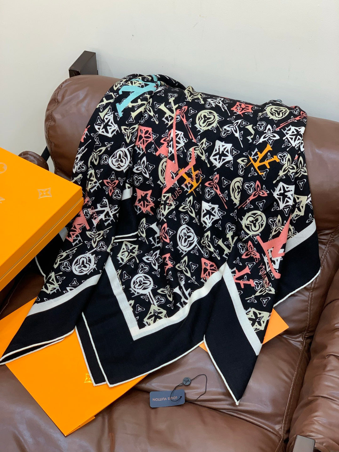 LV X TM MONOGRAM Scarf  Black Pink Blue Silk Cashmere 965396