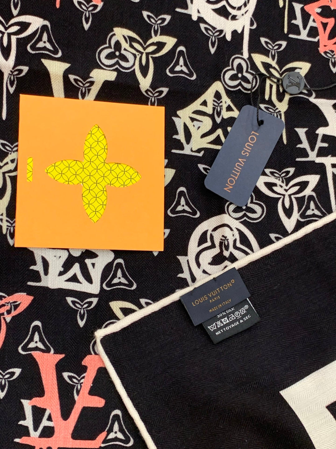 LV X TM MONOGRAM Scarf  Black Pink Blue Silk Cashmere 965396