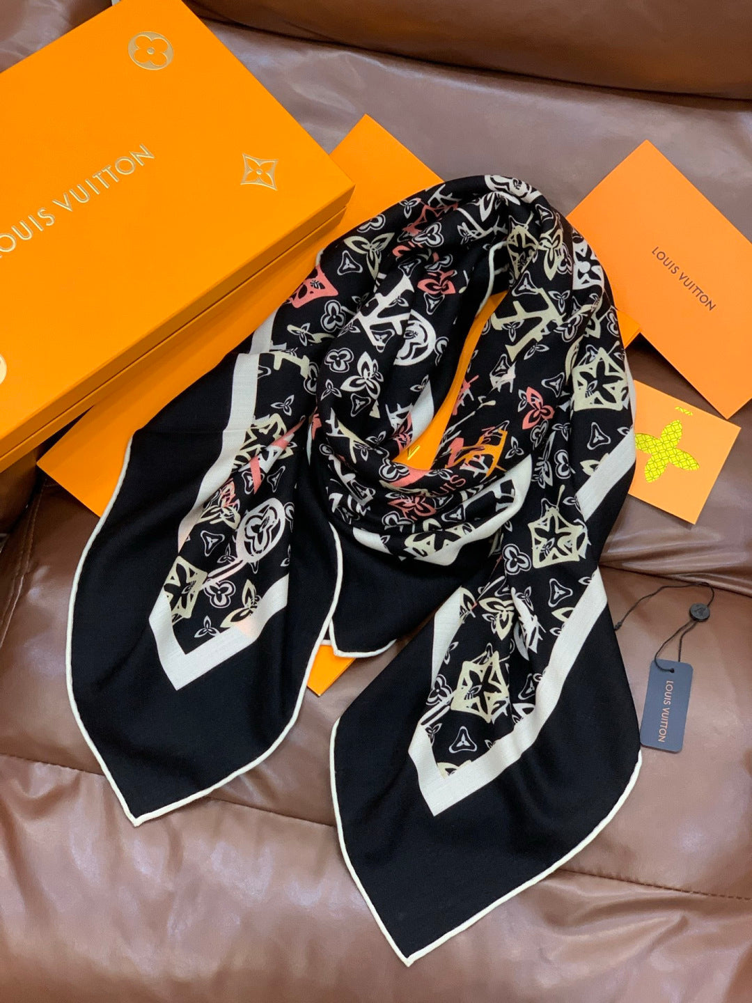 LV X TM MONOGRAM Scarf  Black Pink Blue Silk Cashmere 965396