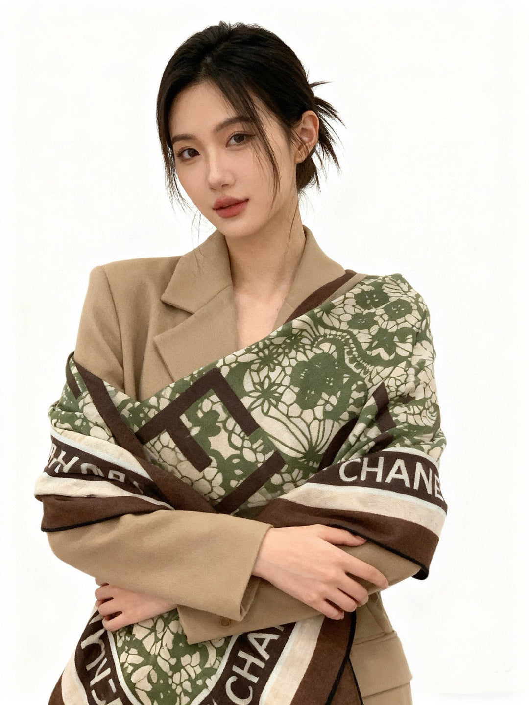 CC 25s Scarf 140cm Green Brown Cashmere 965406