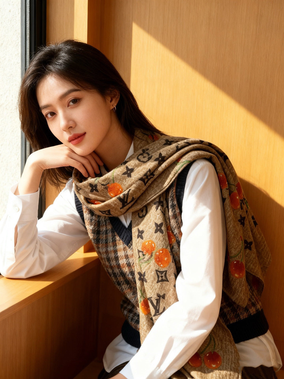 LV X TM MONOGRAM Scarf Light Brown Orange Silk Cashmere 965426