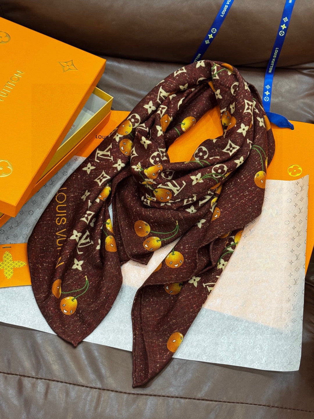 LV X TM MONOGRAM Scarf Brown Yellow Silk Cashmere 965427