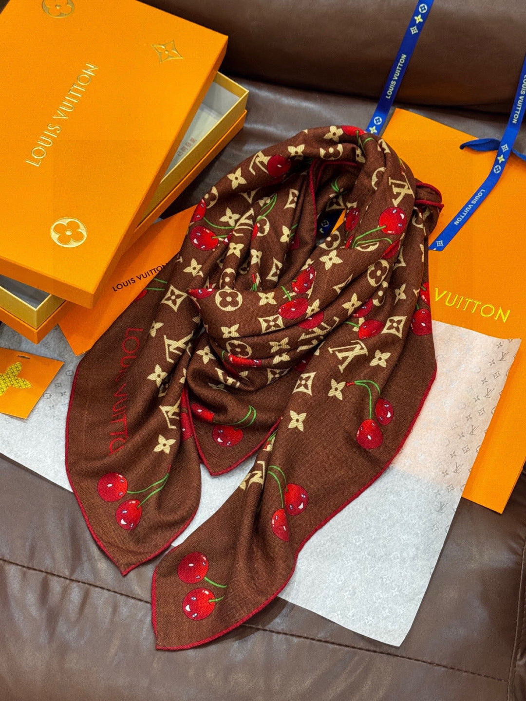 LV X TM MONOGRAM Scarf Brown Red Silk Cashmere 965428