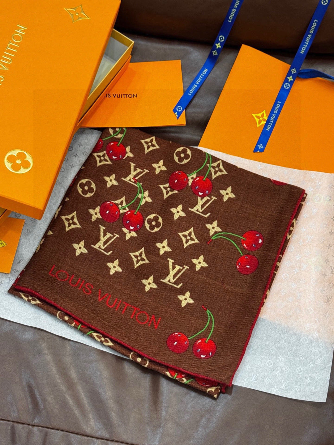 LV X TM MONOGRAM Scarf Brown Red Silk Cashmere 965428