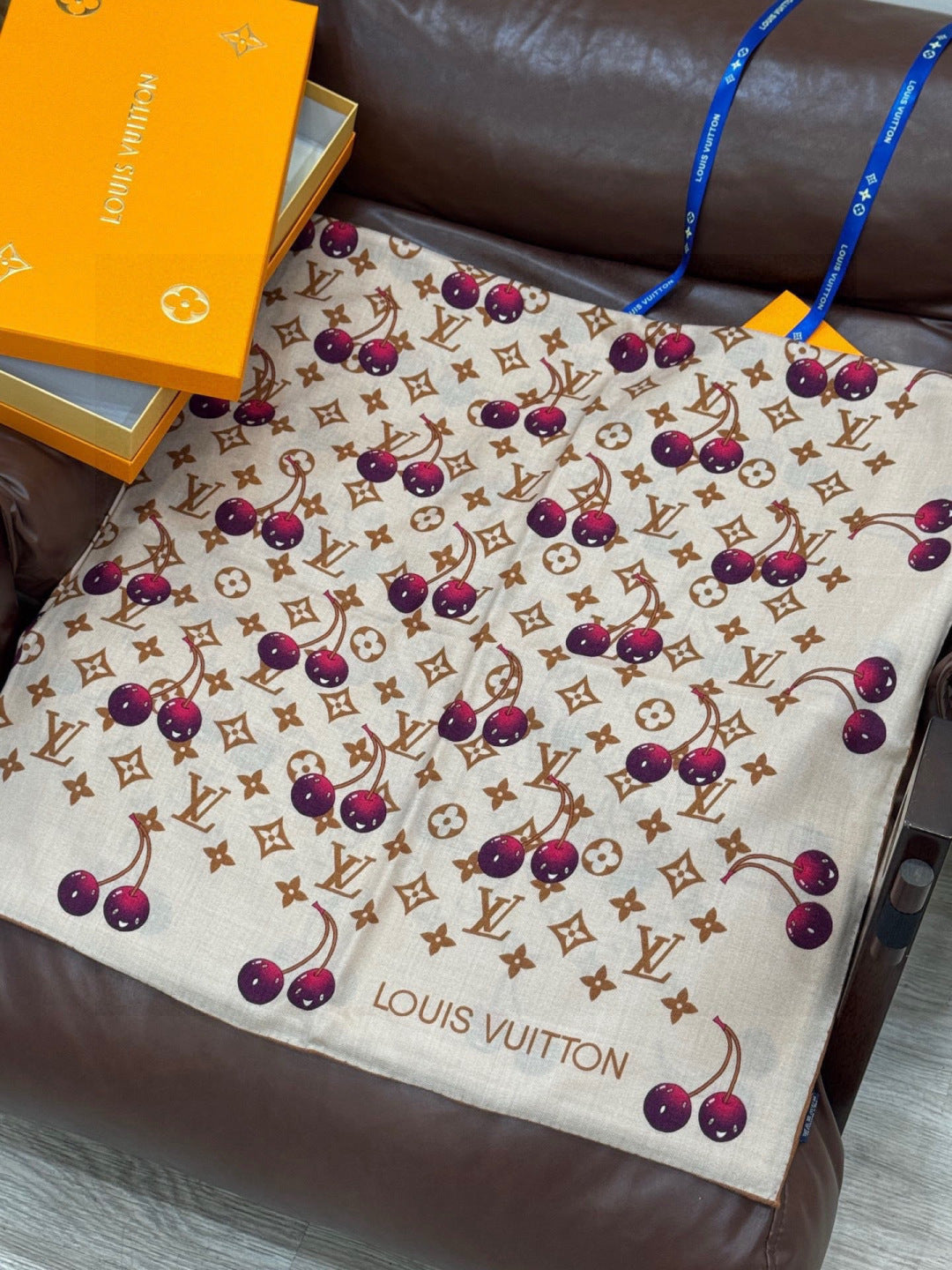 LV X TM MONOGRAM Scarf Beige Burgundy Brown Silk Cashmere 965429