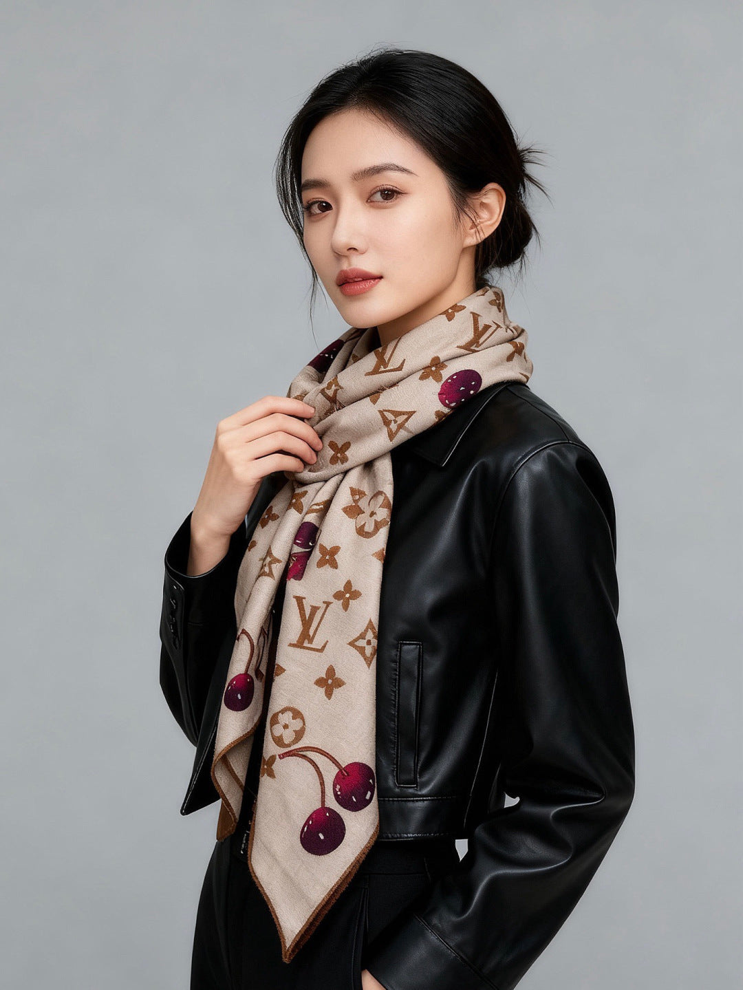 LV X TM MONOGRAM Scarf Beige Burgundy Brown Silk Cashmere 965429