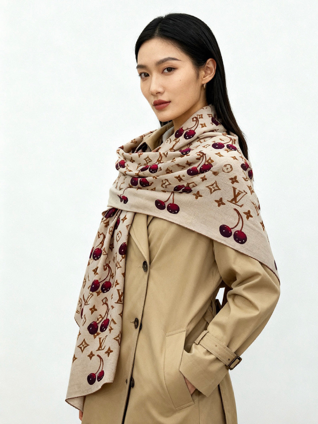 LV X TM MONOGRAM Scarf Beige Burgundy Brown Silk Cashmere 965429