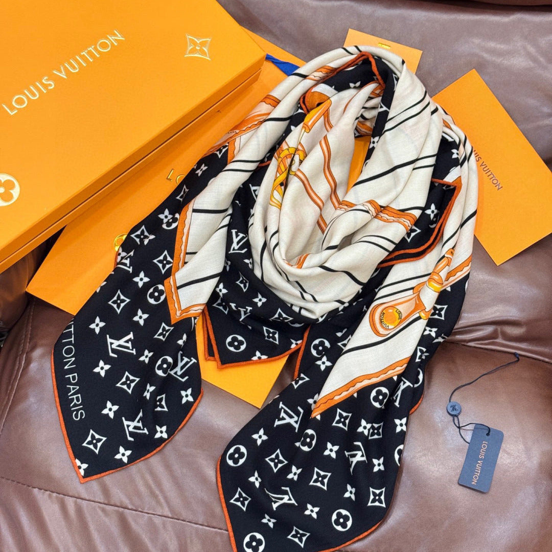 LV Double-Sided Shawl Scarf 135cm Black White Cashmere 968753