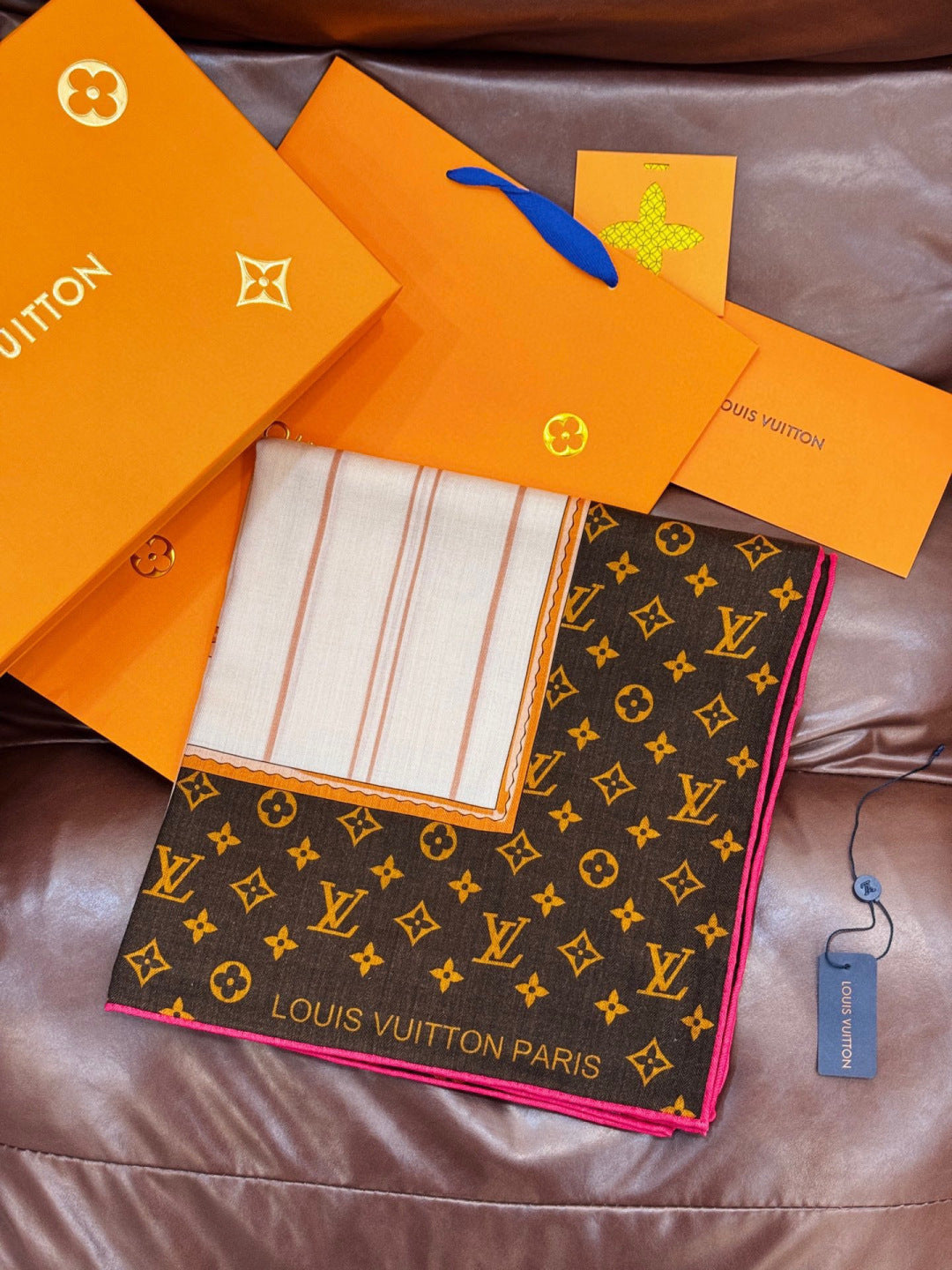 LV Double-Sided Shawl Scarf 135cm Brown Beige Cashmere 968754