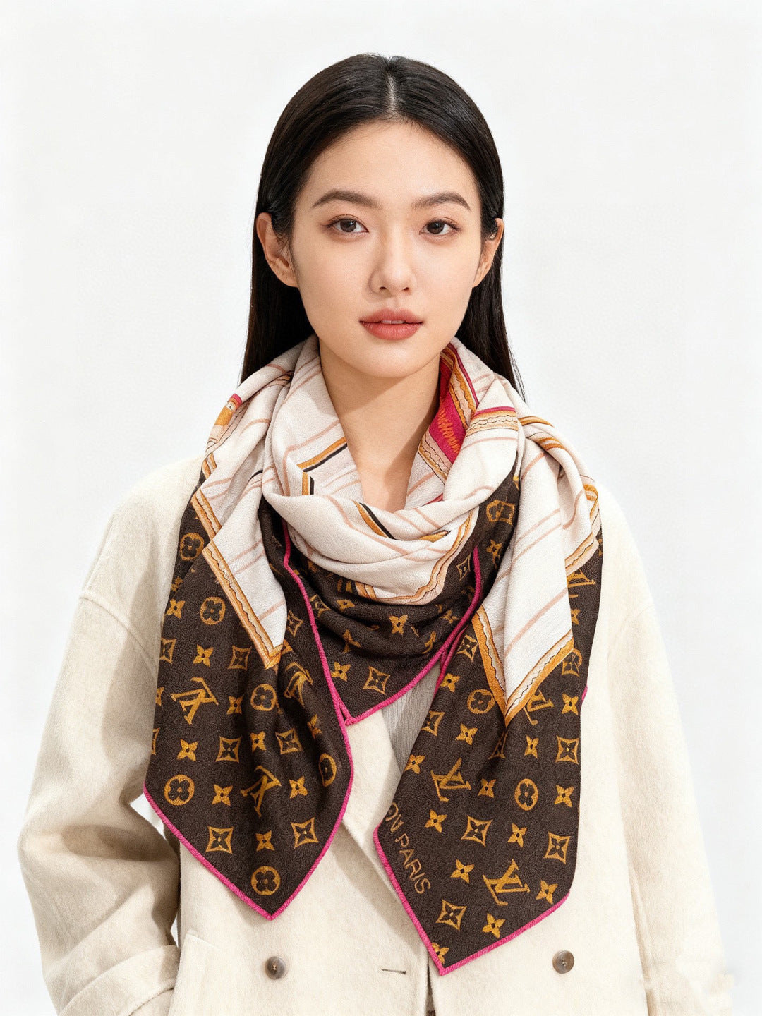 LV Double-Sided Shawl Scarf 135cm Brown Beige Cashmere 968754