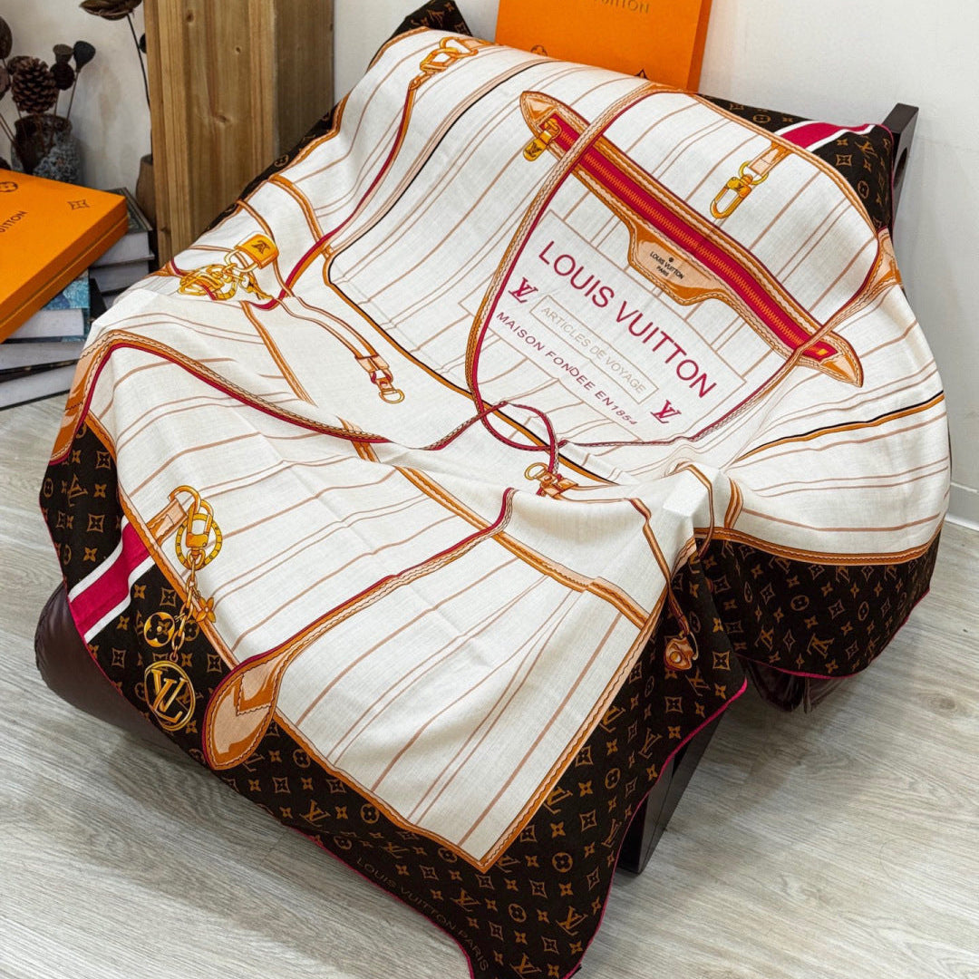 LV Double-Sided Shawl Scarf 135cm Brown Beige Cashmere 968754