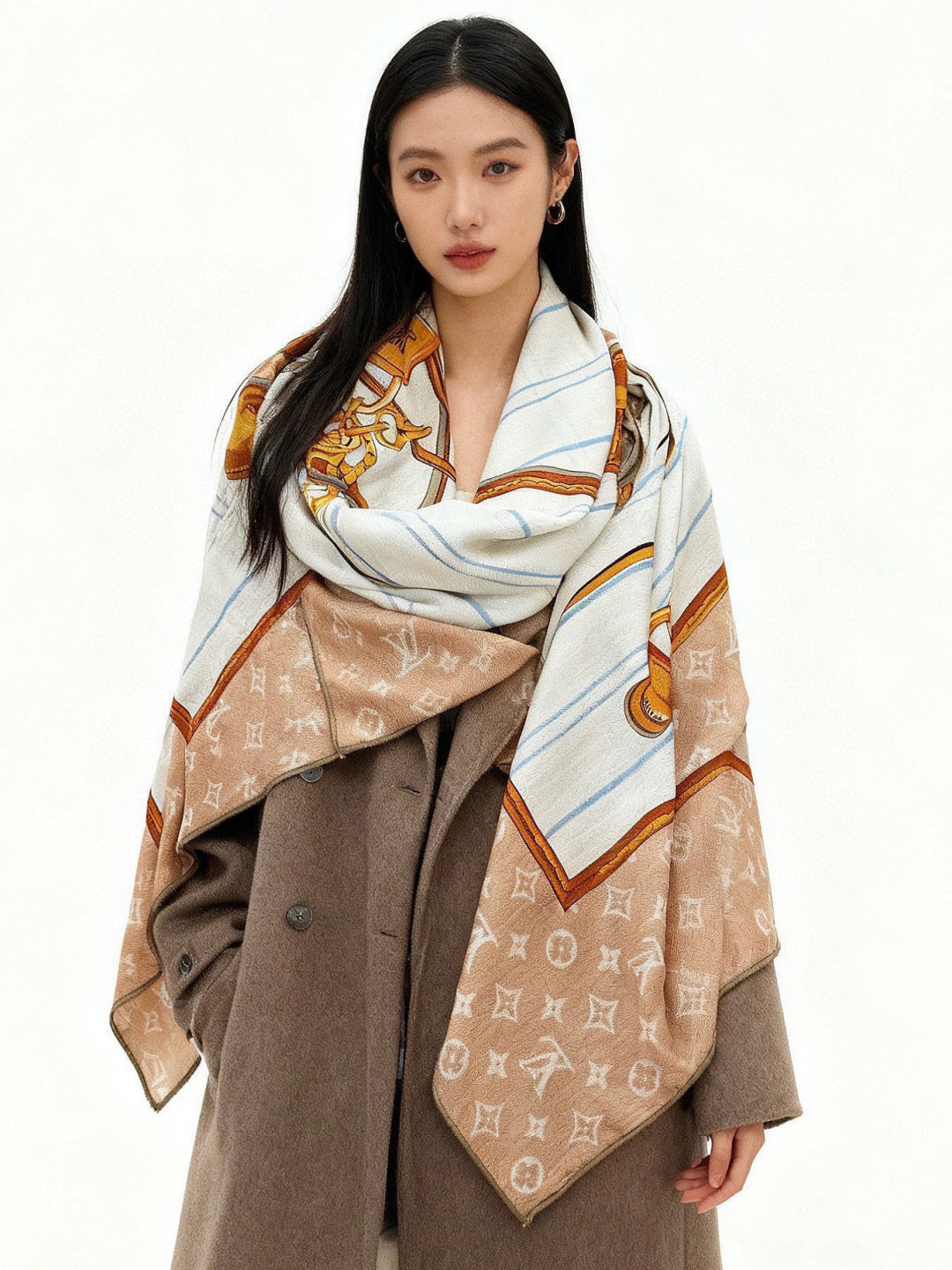 LV Double-Sided Shawl Scarf 135cm Light Brown Beige Cashmere 968755