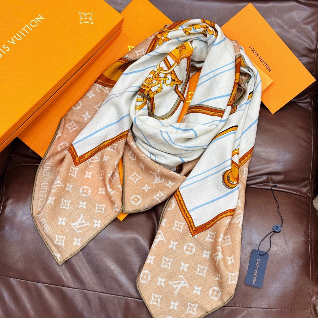 LV Double-Sided Shawl Scarf 135cm Light Brown Beige Cashmere 968755