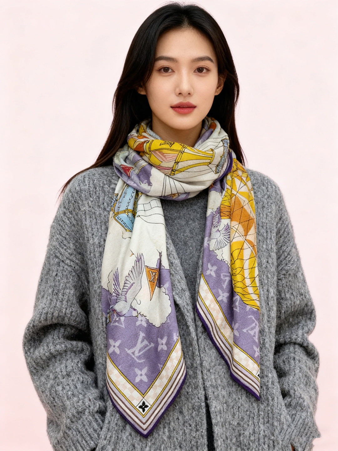 LV Double-Sided Shawl Scarf 135cm Purple Beige Cashmere 968786