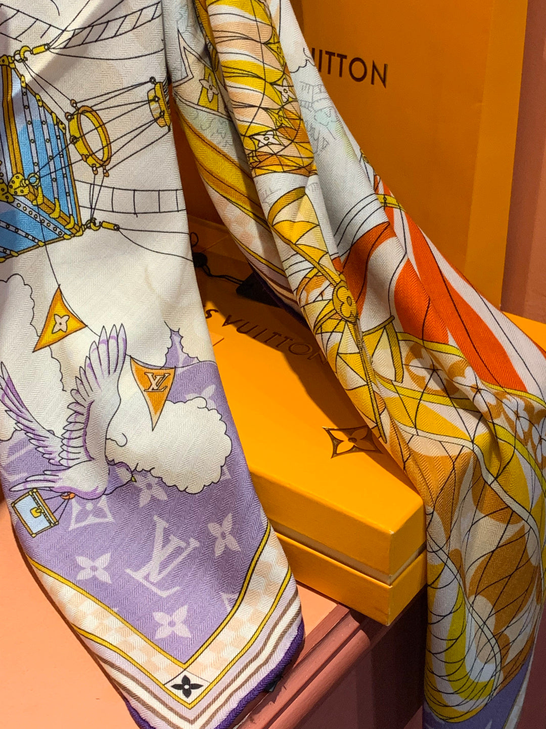 LV Double-Sided Shawl Scarf 135cm Purple Beige Cashmere 968786