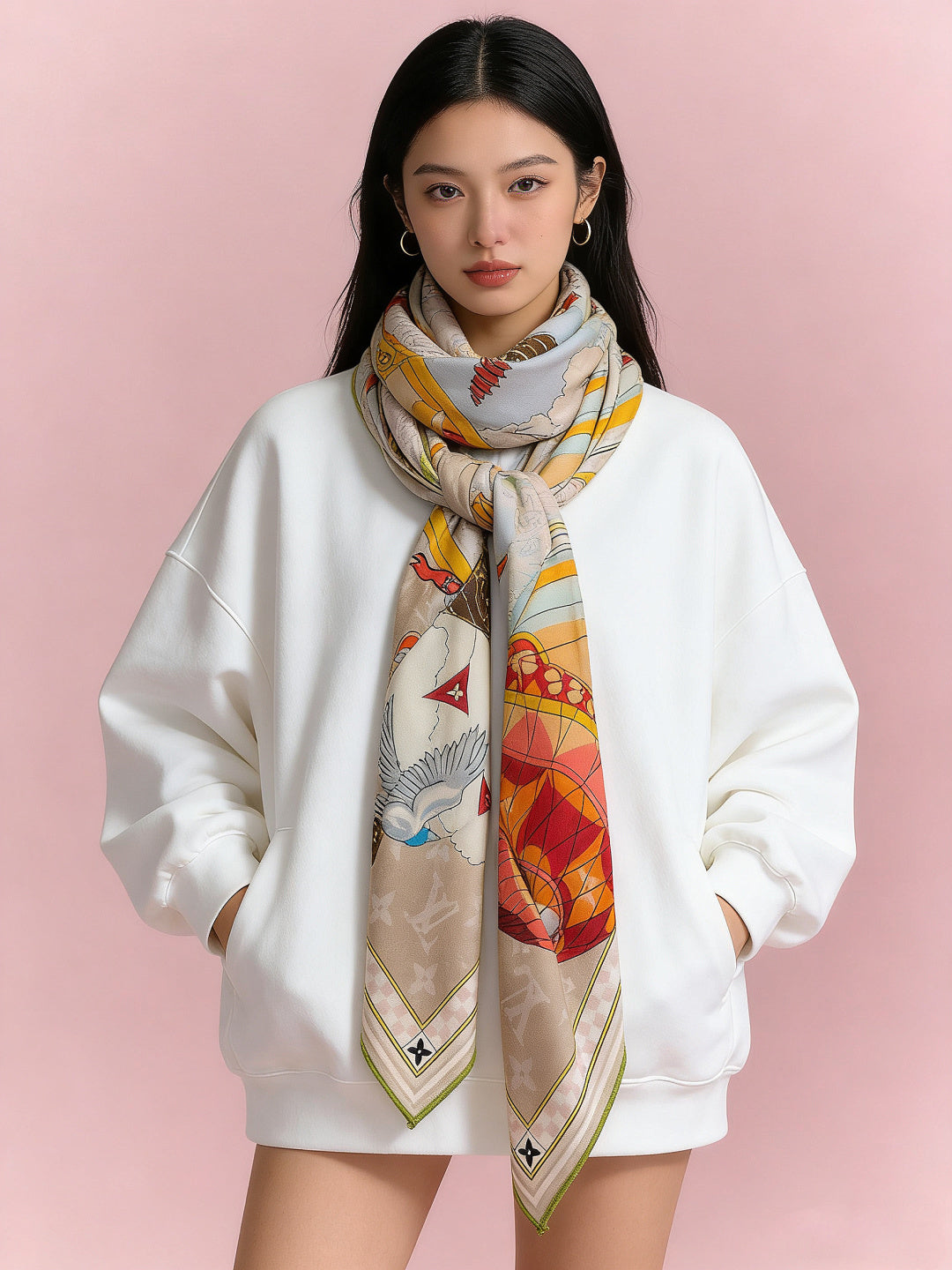 LV Double-Sided Shawl Scarf 135cm Orange Beige Cashmere 968788