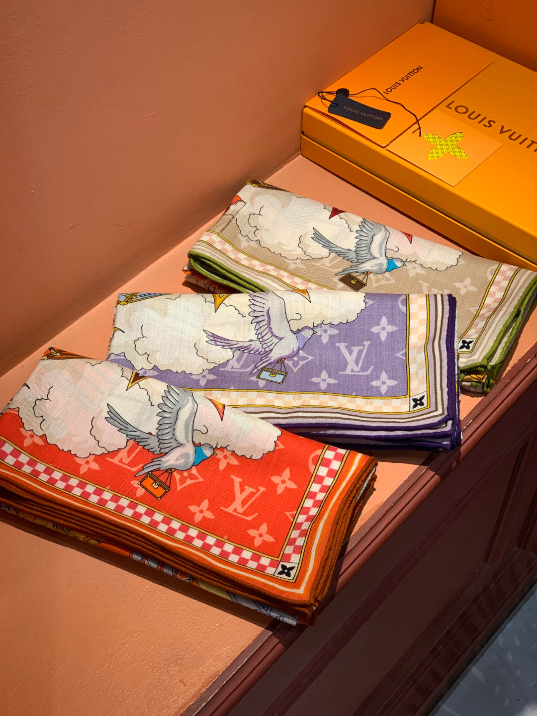 LV Double-Sided Shawl Scarf 135cm Orange Beige Cashmere 968788