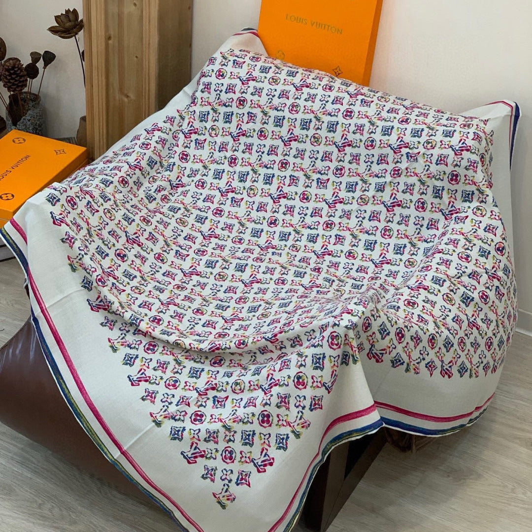 LV Double-Sided Shawl Scarf 135cm Ivory Pink Cashmere 968792