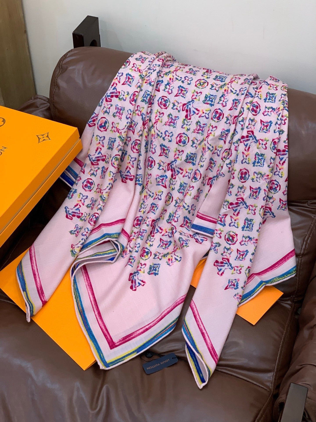 LV Double-Sided Shawl Scarf 135cm Light Pink Colorful Cashmere 968794