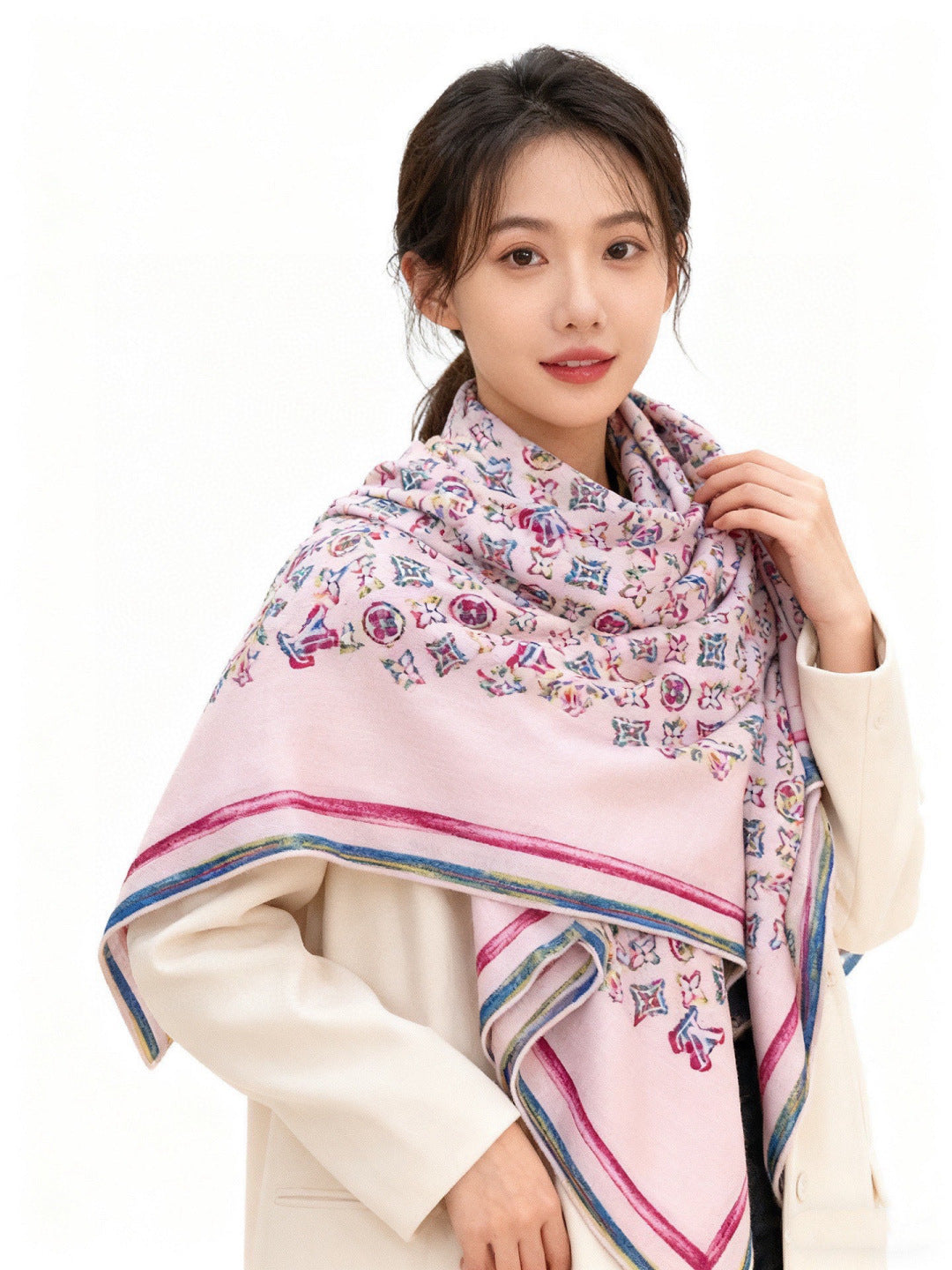 LV Double-Sided Shawl Scarf 135cm Light Pink Colorful Cashmere 968794