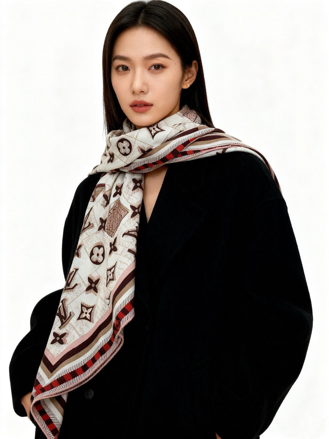 LV Double-Sided Shawl Scarf 135cm Black Red Cashmere 968796