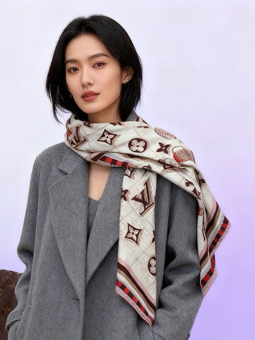 LV Double-Sided Shawl Scarf 135cm Black Red Cashmere 968796