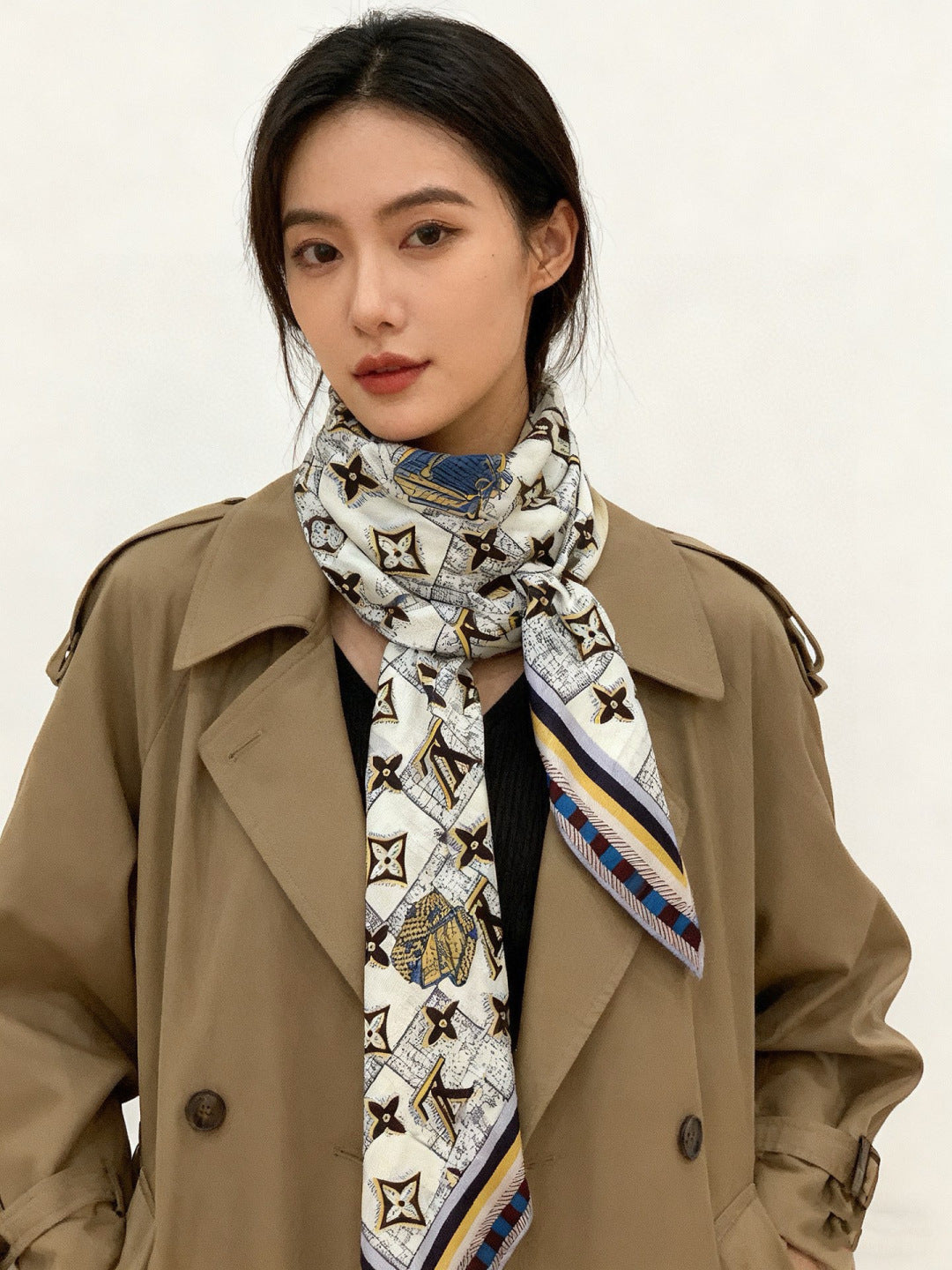 LV Double-Sided Shawl Scarf 135cm Black Yellow Cashmere 968797