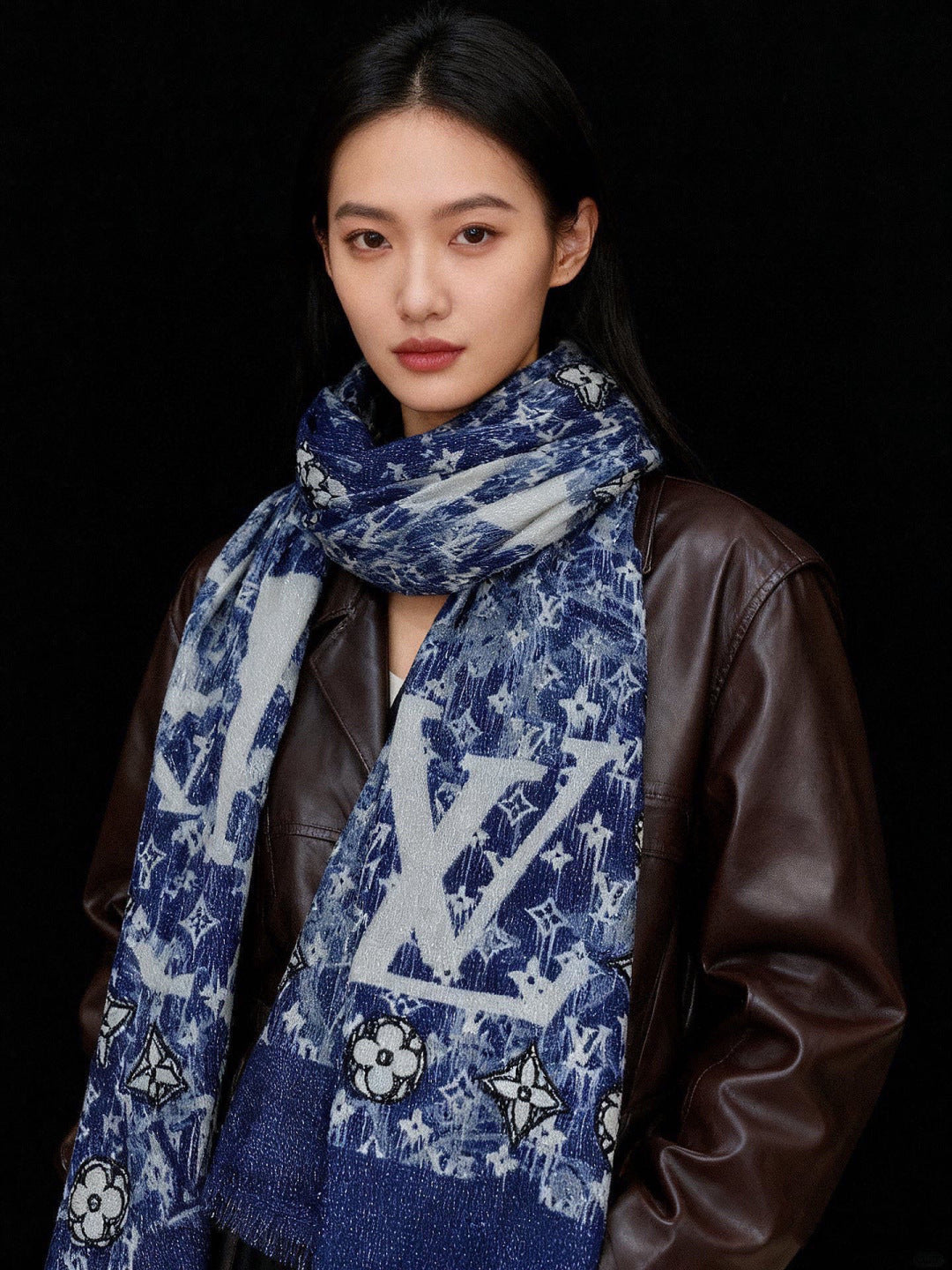 LV Monogram Scarf 200cm Blue White Cashmere 969183