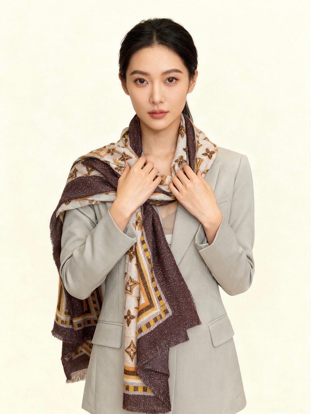 LV Monogram Scarf 200cm Purple White Brown Cashmere 969184