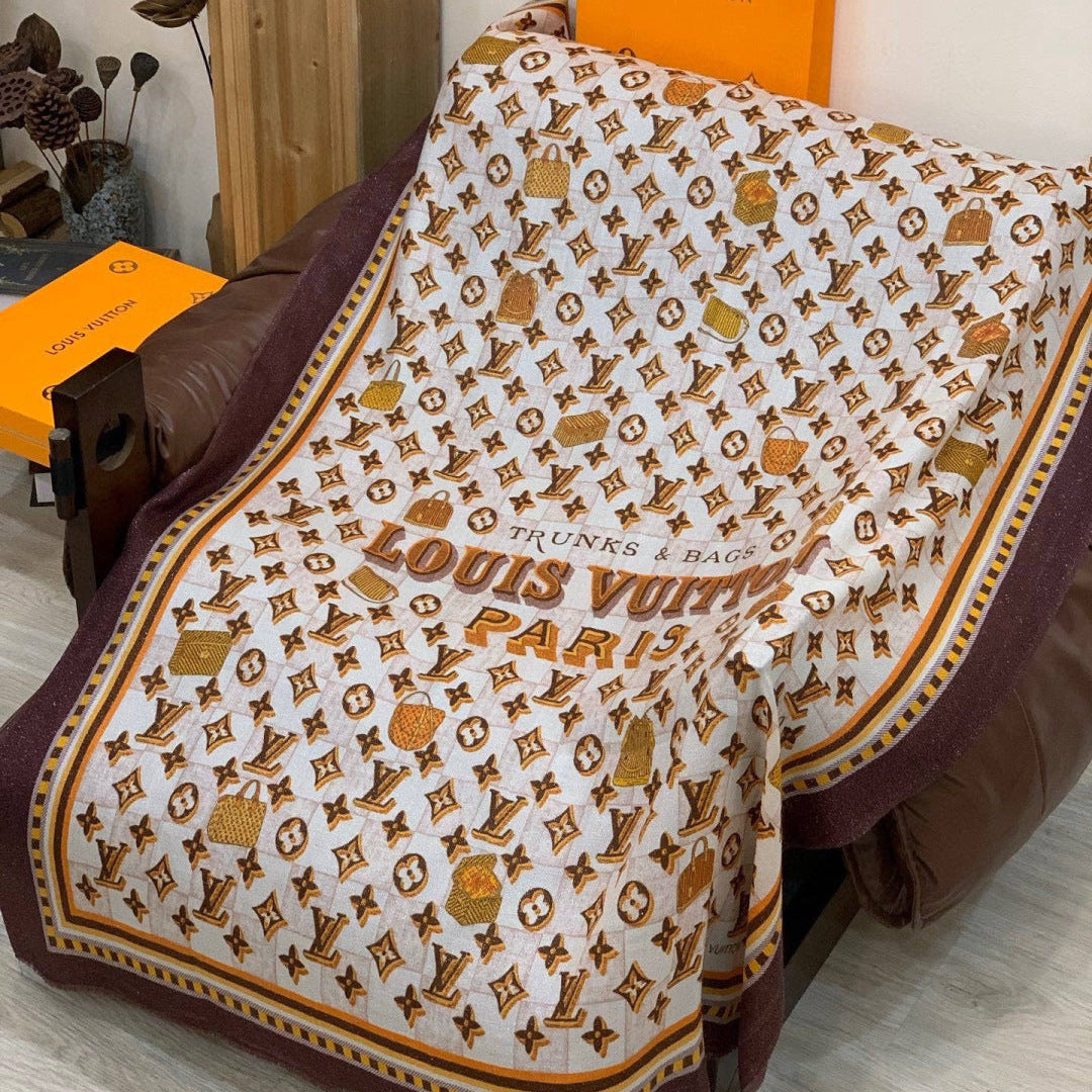 LV Monogram Scarf 200cm Purple White Brown Cashmere 969184