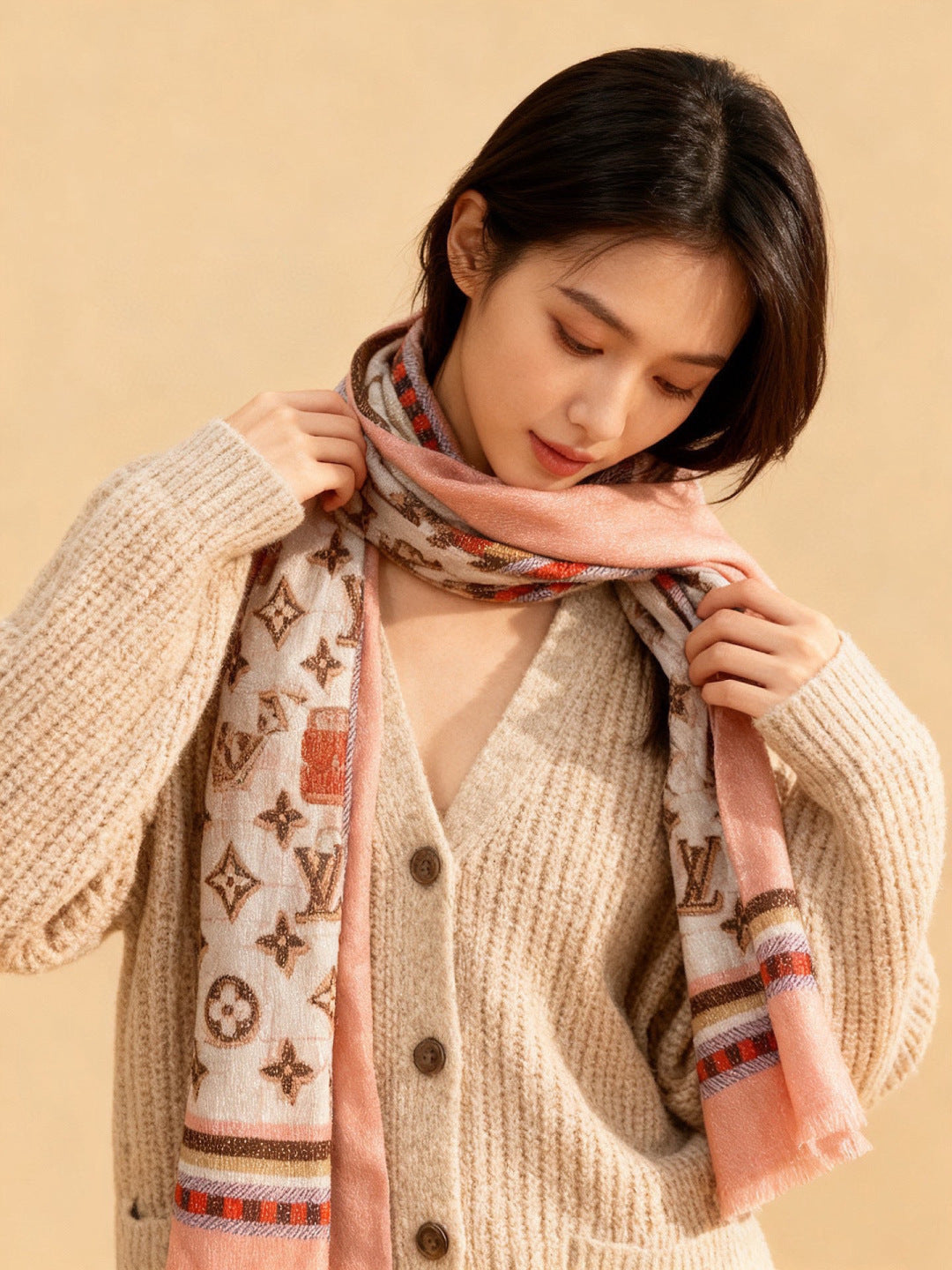 LV Monogram Scarf 200cm White Pink Cashmere 969185