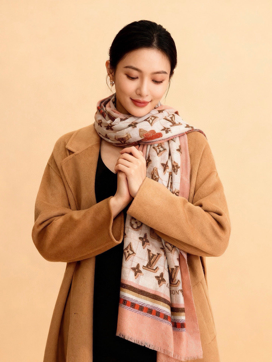 LV Monogram Scarf 200cm White Pink Cashmere 969185